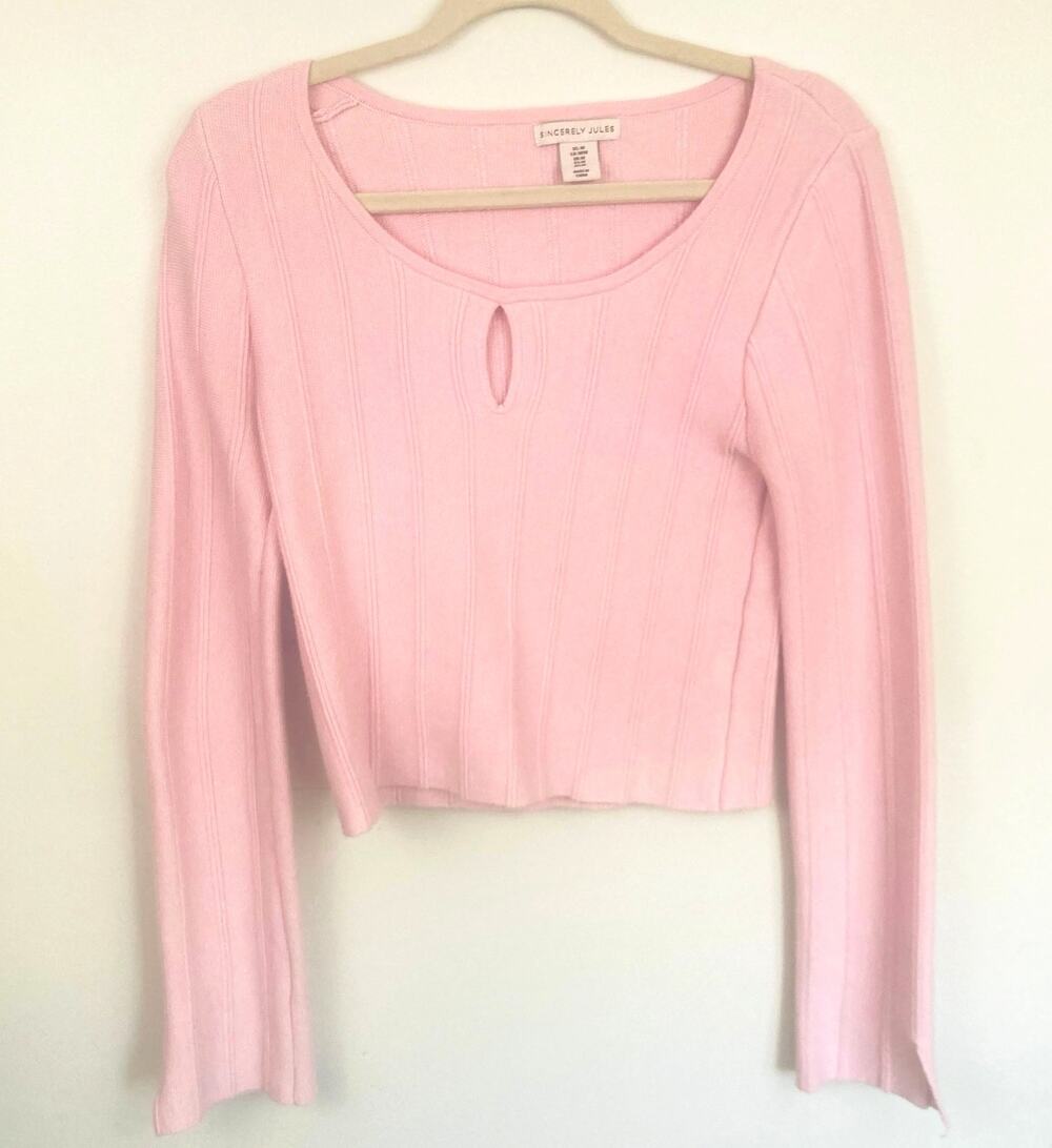 Sincerely Jules Pink Ribbed Knit Keyhole Top Womens M Crop Long Flare Sleeve